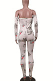 Red Sexy Plastered Chest Printing Pure Color Off Shoulder Long Pants Bodycon Jumpsuits WY6744
