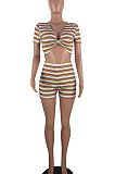 Euramerican Womenswear Club Sexy Deep V Stripe Shorts Sets NYY6056