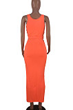 Orange Euramerican Womenswear Sexy Pure Color Deep V Neck Irregular Skirts Sets NYY6057