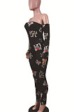Blue Sexy Plastered Chest Printing Pure Color Off Shoulder Long Pants Bodycon Jumpsuits WY6744