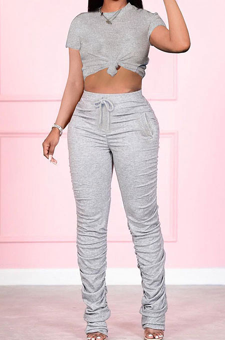 Gray Womenswear Pure Color T Shirts Shirred Detail Pants Sets Two-Piece NYY8007