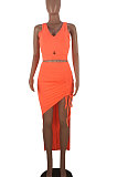 Orange Euramerican Womenswear Sexy Pure Color Deep V Neck Irregular Skirts Sets NYY6057