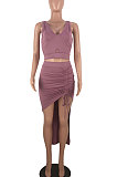 Dark Coffee Euramerican Womenswear Sexy Pure Color Deep V Neck Irregular Skirts Sets NYY6057