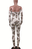 Leopard Fashion Sexy Plastered Chest Printing Off Shoulder Long Pants Bodycon Jumpsuits WY6744