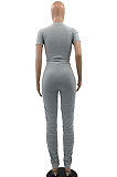 Gray Womenswear Pure Color T Shirts Shirred Detail Pants Sets Two-Piece NYY8007