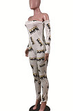 White Pink Lips Sexy Plastered Chest Printing Off Shoulder Long Pants Bodycon Jumpsuits WY6744