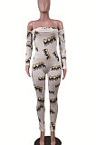 Gray Lips Sexy Plastered Chest Printing Off Shoulder Long Pants Bodycon Jumpsuits WY6744