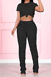 Black Womenswear Pure Color T Shirts Shirred Detail Pants Sets Two-Piece NYY8007