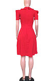 Red Euramerican Fashion Lotus Collar Ruffle OL Shorts Sleeves Midi Dress WY6540
