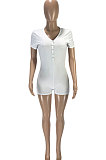 White Euramerican Womenswear Fashion Casual Pure Color Sexy V Neck Rib Short Sleeves Romper Shorts SM9139