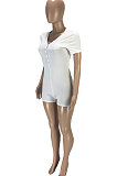 White Euramerican Womenswear Fashion Casual Pure Color Sexy V Neck Rib Short Sleeves Romper Shorts SM9139