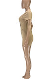 Khaki Euramerican Women Trendy Casual Pure Color Sexy V Neck Rib Short Sleeves Romper Shorts SM9139