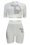 White Euramerican Womenswear Sport Casual Pure Color Hot Driilling Sport Two-PIece ED8197
