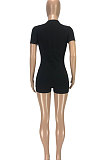 Black Euramerican Women Trendy Casual Pure Color Sexy V Neck Rib Short Sleeves Romper Shorts SM9139