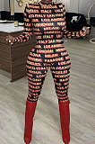 Red Fashion Half Turtle Neck Long Sleeve Contrast Color Letter Bodycon Jumpsuits MA6657