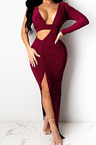 Red Women Sexy Dark V Dew Waist Open Fork Ruffle Jumpsuits Long Dress MA6653