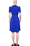 Blue EuramericanTrendy Lotus Collar Ruffle OL Shorts Sleeves Midi Dress WY6540