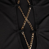 Black Euramerican Womenswear Sexy Open Fork Chain Club Skirts Sets MA6658