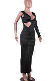 Black Women Sexy Dark V Dew Waist Open Fork Ruffle Jumpsuits Long Dress MA6653