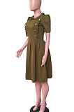 Army Green Euramerican Fashion Lotus Collar Ruffle OL Shorts Sleeves Midi Dress WY6540