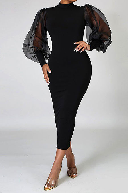 Black Women Half Turtleneck Net Yarn Perspective Puff Sleeve Cultivate One's Morality Midi Dress MA6561