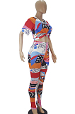 Colorful Casual Fashoin Printing Short Slevee Long Pants V Neck Two-Piece SDD9341