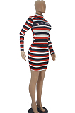 Red Casual Fashoin Stripe Letter Printed Round Collar Long Slevee Short Dresse Two-Piece SDD9465