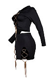 Black Euramerican Womenswear Sexy Open Fork Chain Club Skirts Sets MA6658