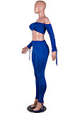 Light Blue Euramerican Women Pure Color Boob Tube Top Drawsting Ruffle Two-Piece MA6596