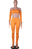 Orange Euramerican Womenswear Pure Color Boob Tube Top Drawsting Ruffle Two-Piece MA6596