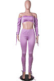 Purple Euramerican Womenswear Pure Color Boob Tube Top Drawsting Ruffle Two-Piece MA6596
