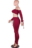 Wine Red Euramerican Womenswear Pure Color Boob Tube Top Drawsting Ruffle Two-Piece MA6596