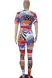 Colorful Casual Fashoin Printing Short Slevee Long Pants V Neck Two-Piece SDD9341