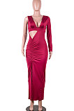 Red Women Sexy Dark V Dew Waist Open Fork Ruffle Jumpsuits Long Dress MA6653