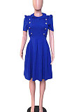 Blue EuramericanTrendy Lotus Collar Ruffle OL Shorts Sleeves Midi Dress WY6540