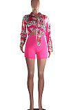 Rose Red Trendy Casual Printing Long Sleeve Shirt Pure Color Shorts Sets MF5171