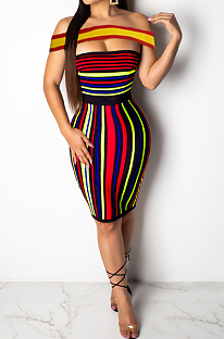 Black And Red Casual A Word Shoulder Printing Stripe Joining Together Sexy Dresses AMM8123