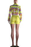 Yellow Fashion Casual Printing Long Sleeve Shirt Pure Color Shorts Sets MF5171