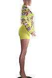 Rose Red Trendy Casual Printing Long Sleeve Shirt Pure Color Shorts Sets MF5171