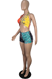 Orange Yellow Sexy Fashoin Casual Colorful Printing Joining Together Two-Piece ML7419 