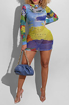 Blue Women Digital Printing Sexy Net Yarn Perspective Long Sleeve Sexy Mini Dress R6404