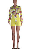 Yellow Fashion Casual Printing Long Sleeve Shirt Pure Color Shorts Sets MF5171