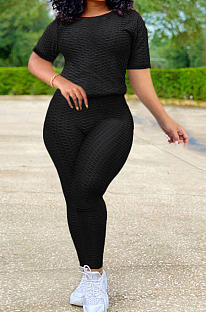 Black Sportsuit With Short-Sleeved Yoga Pants With Round Neck SN390071