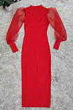 Red Euramerican Women Net Yarn Perspective Puff Sleeve Package Buttocks  Midi Dress YZ2417