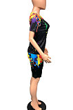 Black Trendy Women Positioning Printing Colour Splash-ink Casual Shorts Sets WA7141