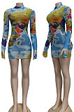 Light Blue Euramerican Womenswear Printing Set Head Long Sleeve  Mini Dress YZ2414