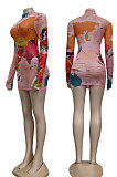 Pink Red Blue Euramerican Womenswear Printing Set Head Long Sleeve Mini Dress YZ2414