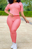Pink Sportsuit With Short-Sleeved Yoga Pants With Round Neck SN390071