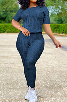 Navy Blue Sportsuit With Short-Sleeved Yoga Pants With Round Neck SN390071