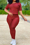 Wine Red Sportsuit With Short-Sleeved Yoga Pants With Round Neck SN390071